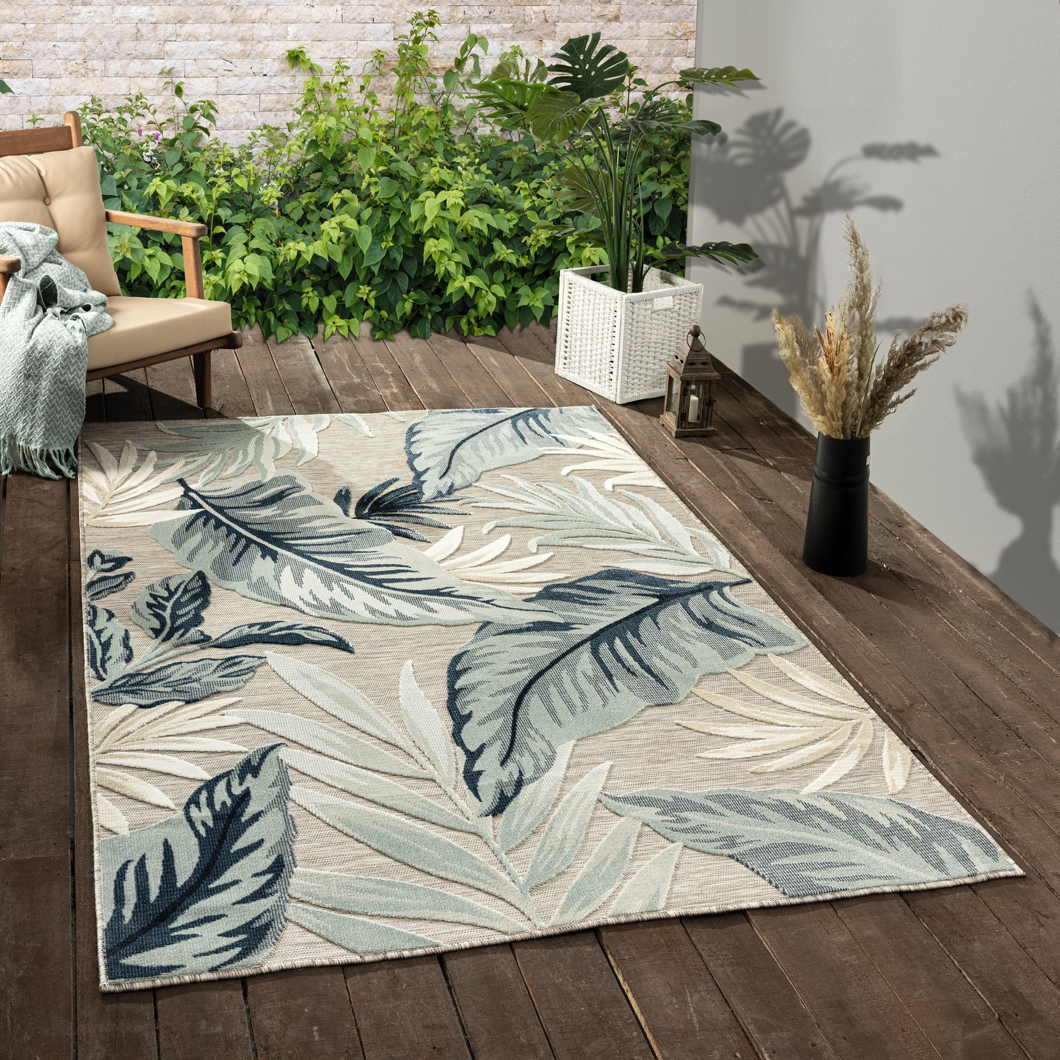Reversible Blue Taupe Synthetic Rectangular Rug 5' x 7'