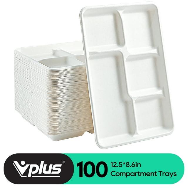 Vplus 100% Compostable Bagasse 5 Compartment Paper Plate, 12.5*8.6 inch, White,100 Pack