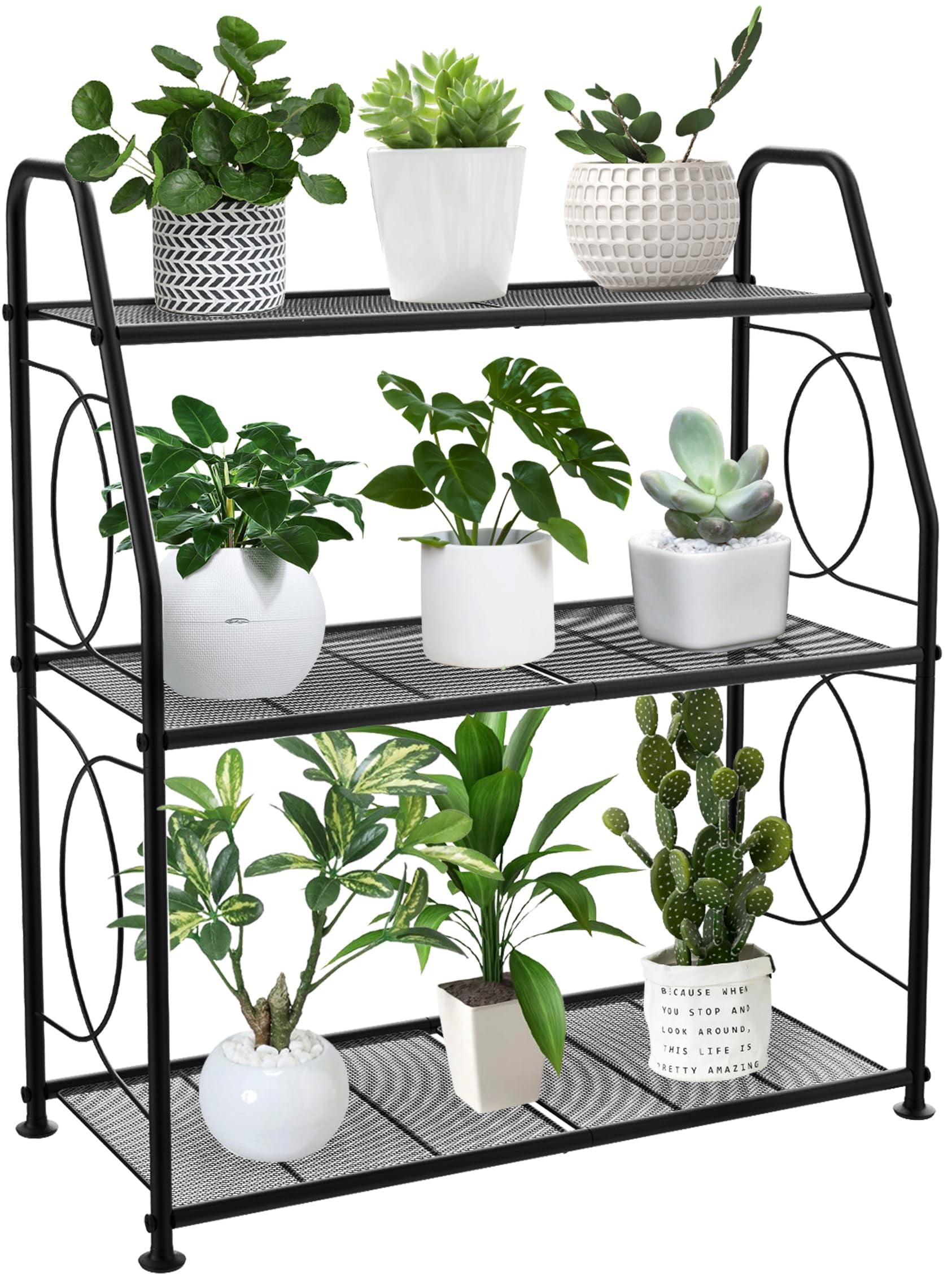 Plant Stand, 3 Tier Plant Shelf for Indoor Outdoor, Heavy Duty Metal Outdoor Plant Stand Holder Rack for Living Room Balcony and Garden, Black