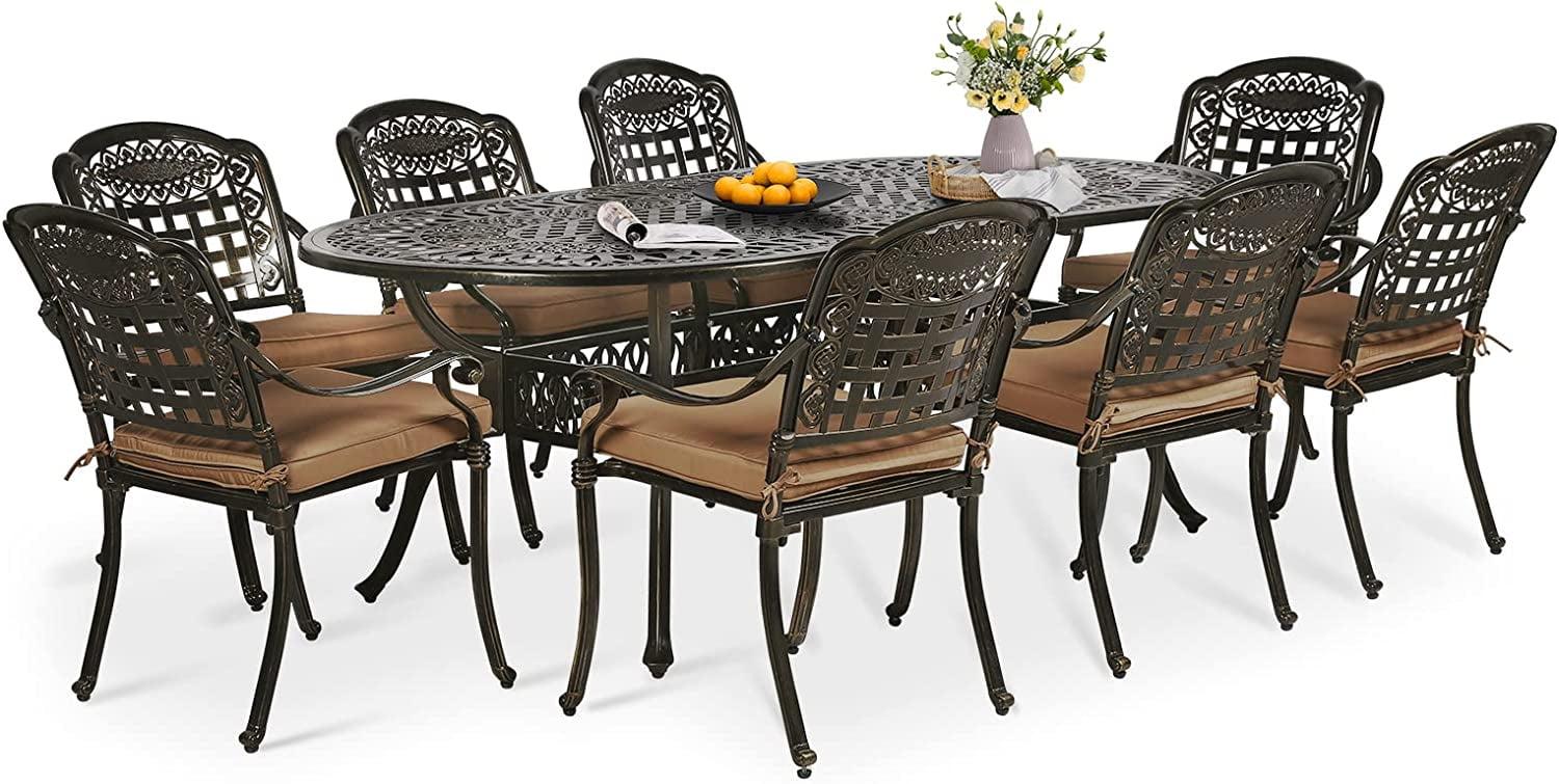 MEETWARM 9-Piece Outdoor Furniture Dining Set, All Weather Cast Aluminum Patio Garden Set with 8 Chairs,1 Oval Table, 2.2" Umbrella Hole, Dark Bronze