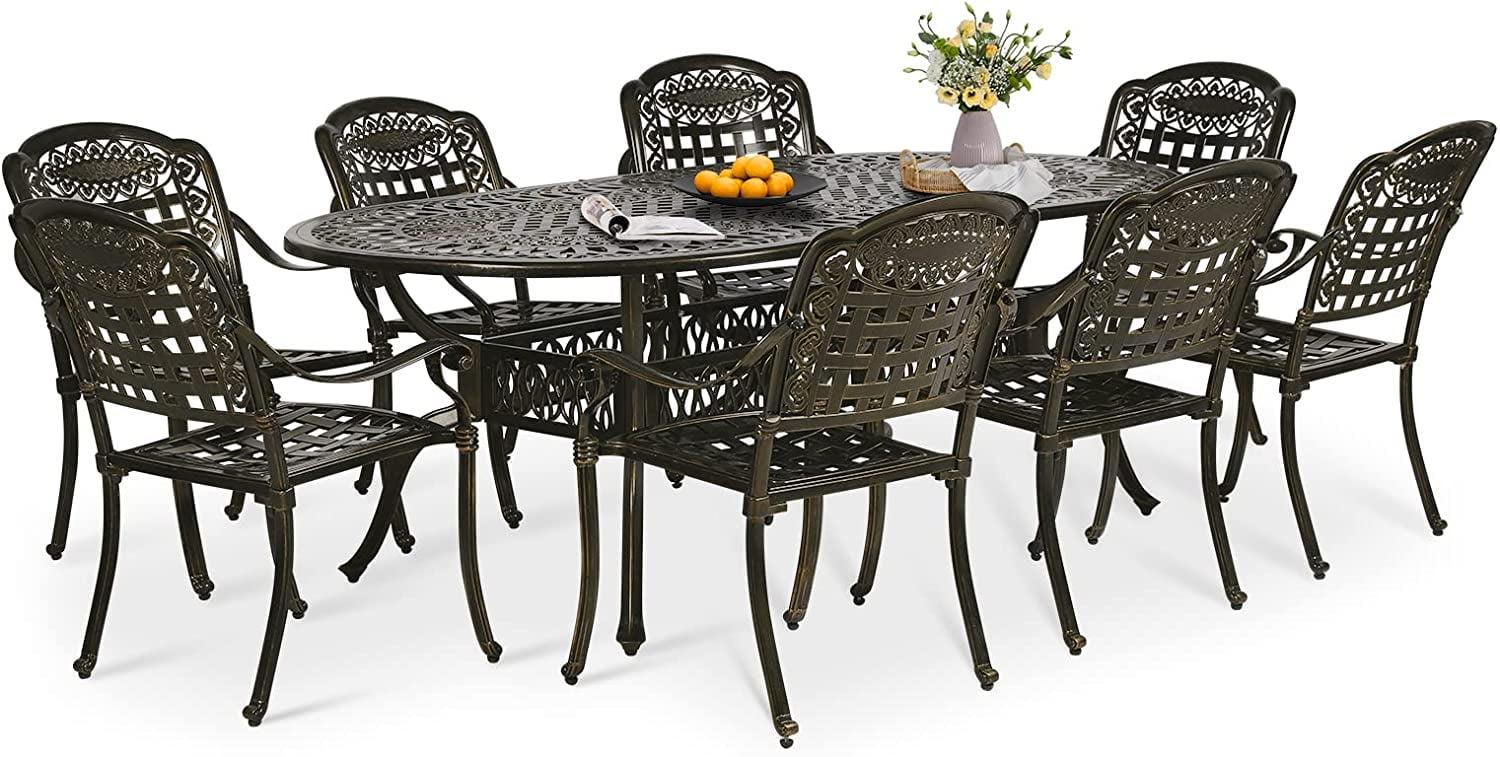 MEETWARM 9-Piece Outdoor Furniture Dining Set, All Weather Cast Aluminum Patio Garden Set with 8 Chairs,1 Oval Table, 2.2" Umbrella Hole, Dark Bronze