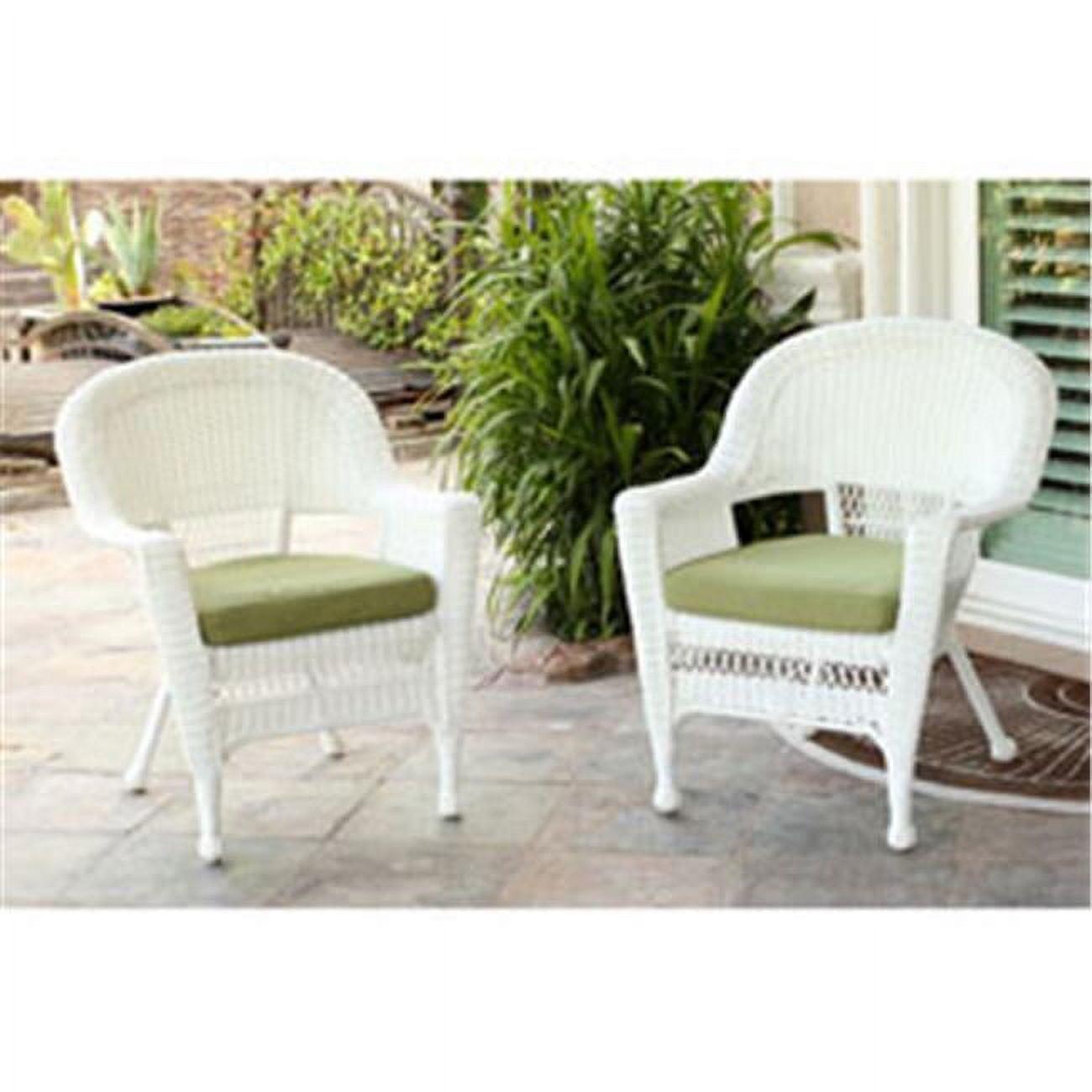 Charming White Resin Wicker Chair with Lush Green Cushion - Set of 4