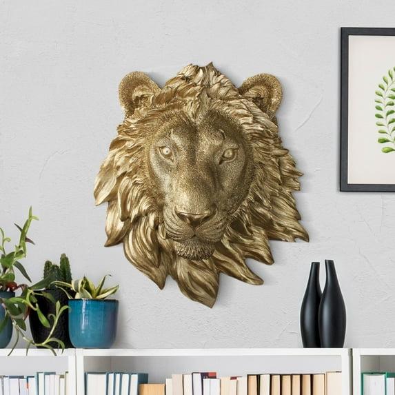 WALL CHARMERS Mini Gold Faux Lion Head Wall Hanging - 9 inch Faux Taxidermy Animal Head Wall Decor - Handmade Farmhouse Décor