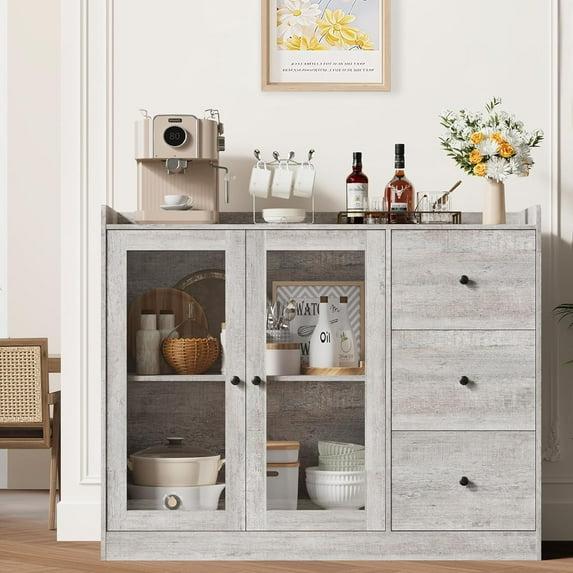 WALYWIK Sideboard Buffet Cabinet with Storage, 43" Coffee Bar Cabinet with Glass Doors and 3 Drawers, Storage Cabinet with Adjustable Shelves for Kitchen, Dining Room, Grey