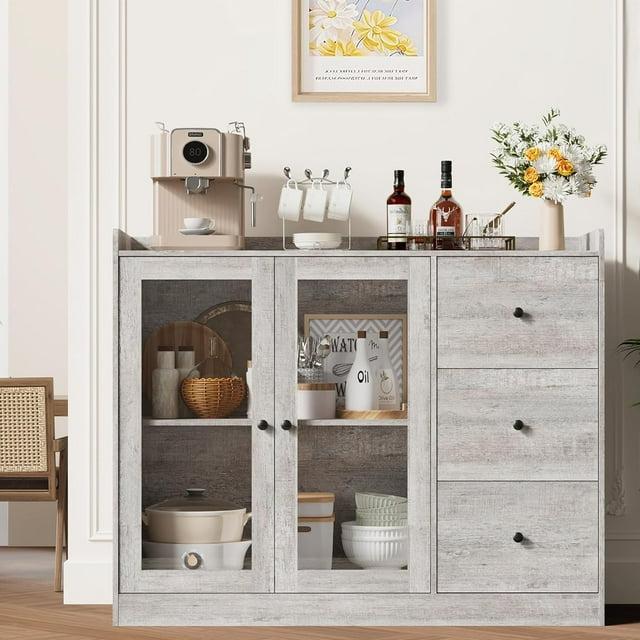 WALYWIK Sideboard Buffet Cabinet with Storage, 43" Coffee Bar Cabinet with Glass Doors and 3 Drawers, Storage Cabinet with Adjustable Shelves for Kitchen, Dining Room, Grey