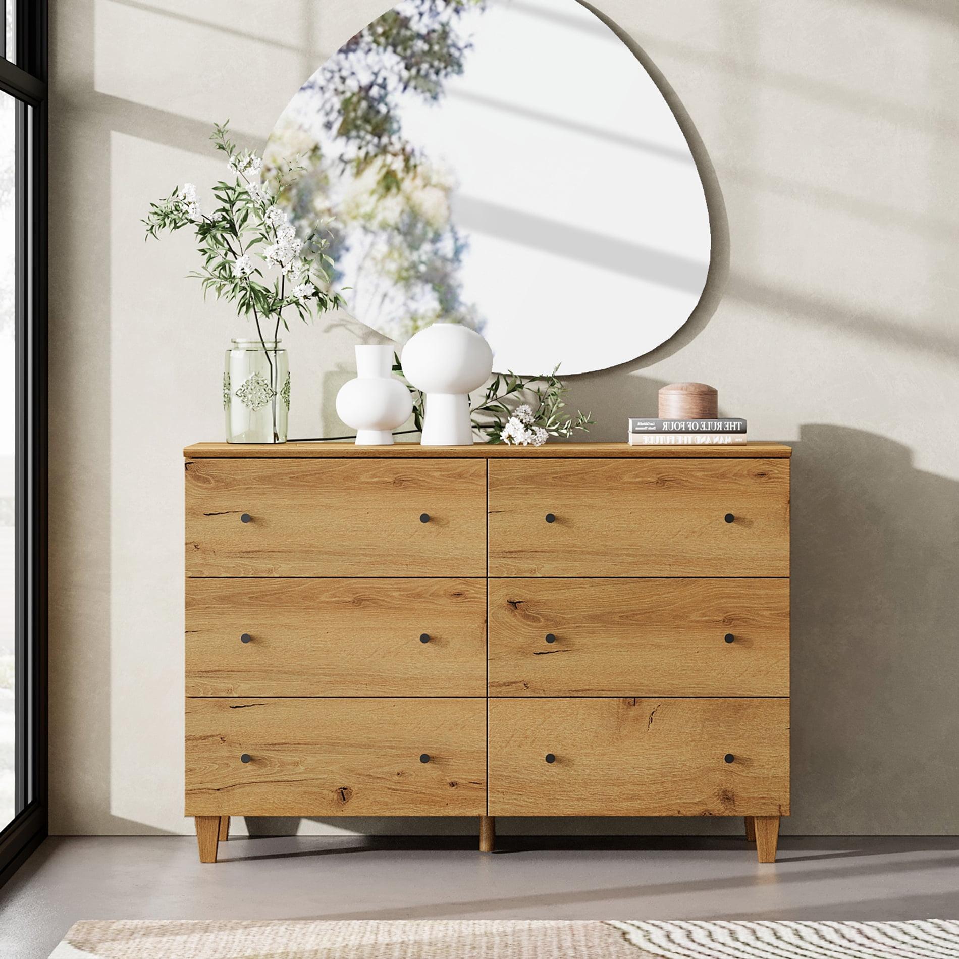 6 Drawers Dresser for Bedroom, Modern Wide Double Dressers with Chest of Drawers, Wooden Closet Organizer, Oak Brown Wood Finish