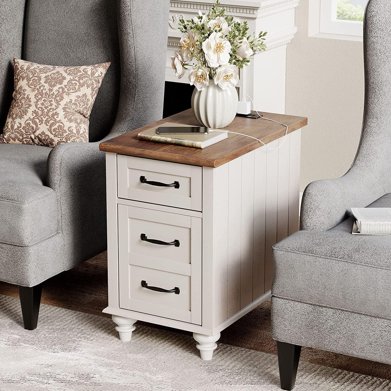 White and Oak Wood End Table with Charging Station and Storage