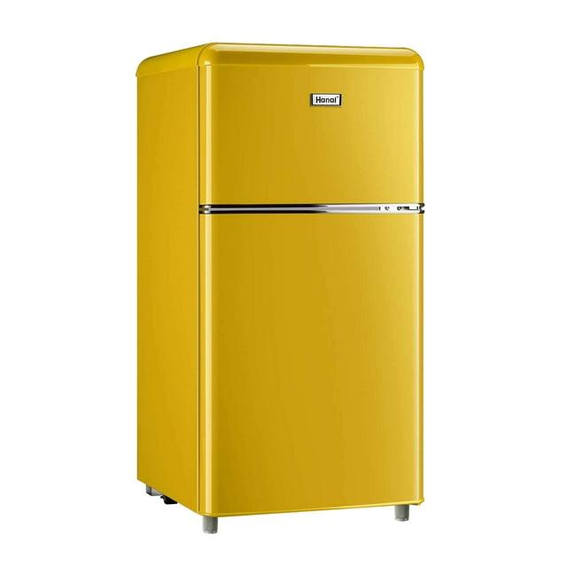 WANAI Compact Refrigerator 3.5 Cu.ft 2 Door Mini Refrigerator Adjustable Glass Shelves Refrigerator, Ideal for Apartment Dorm and Office, Yellow
