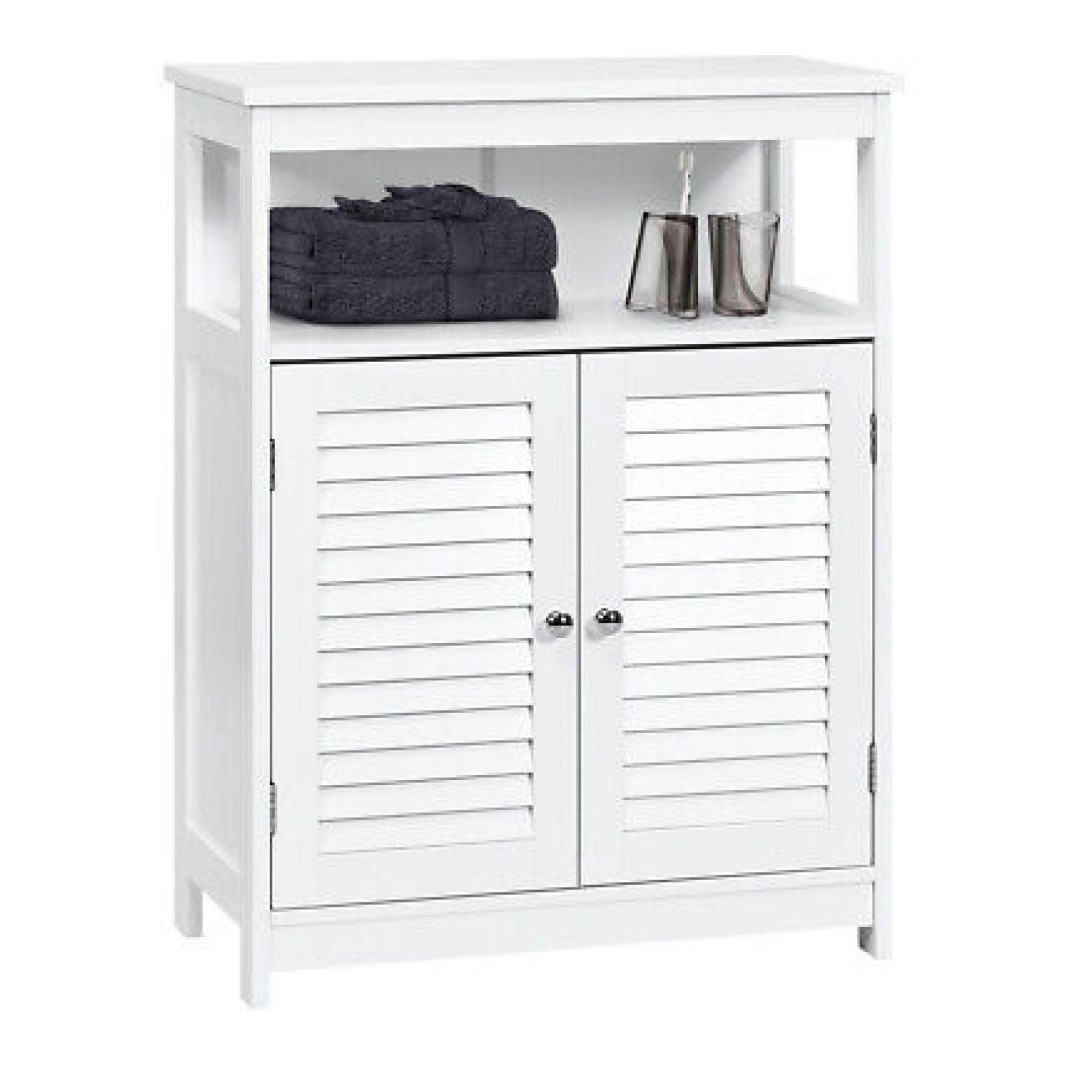 Bathroom Floor Cabinet, Wooden Freestanding Storage Cabinet with Double Shutter Door & Adjustable Shelf, Storage Cabinet for Bathroom Living Room (White)