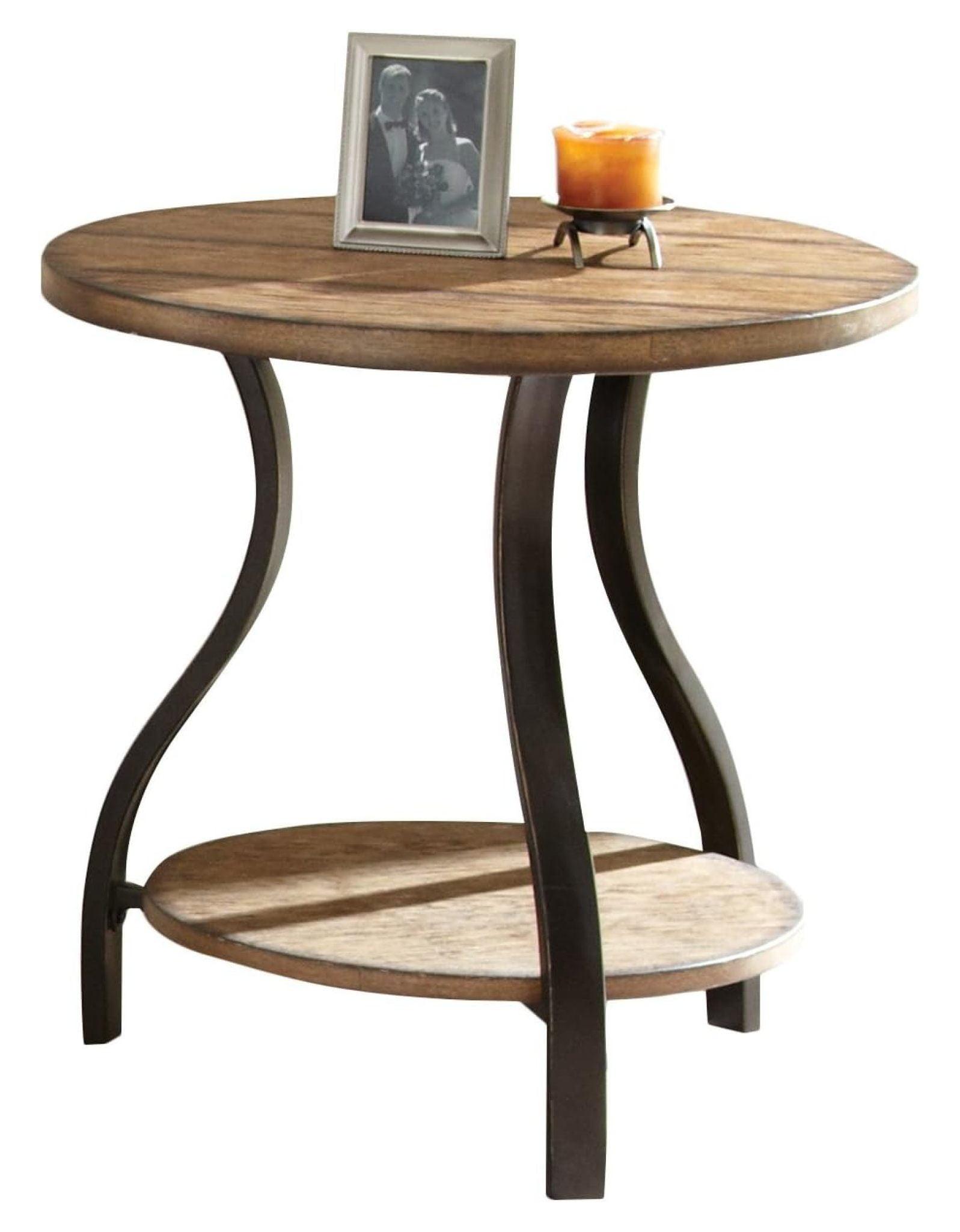 Industrial Round Oak and Metal End Table with Bottom Shelf, 24"