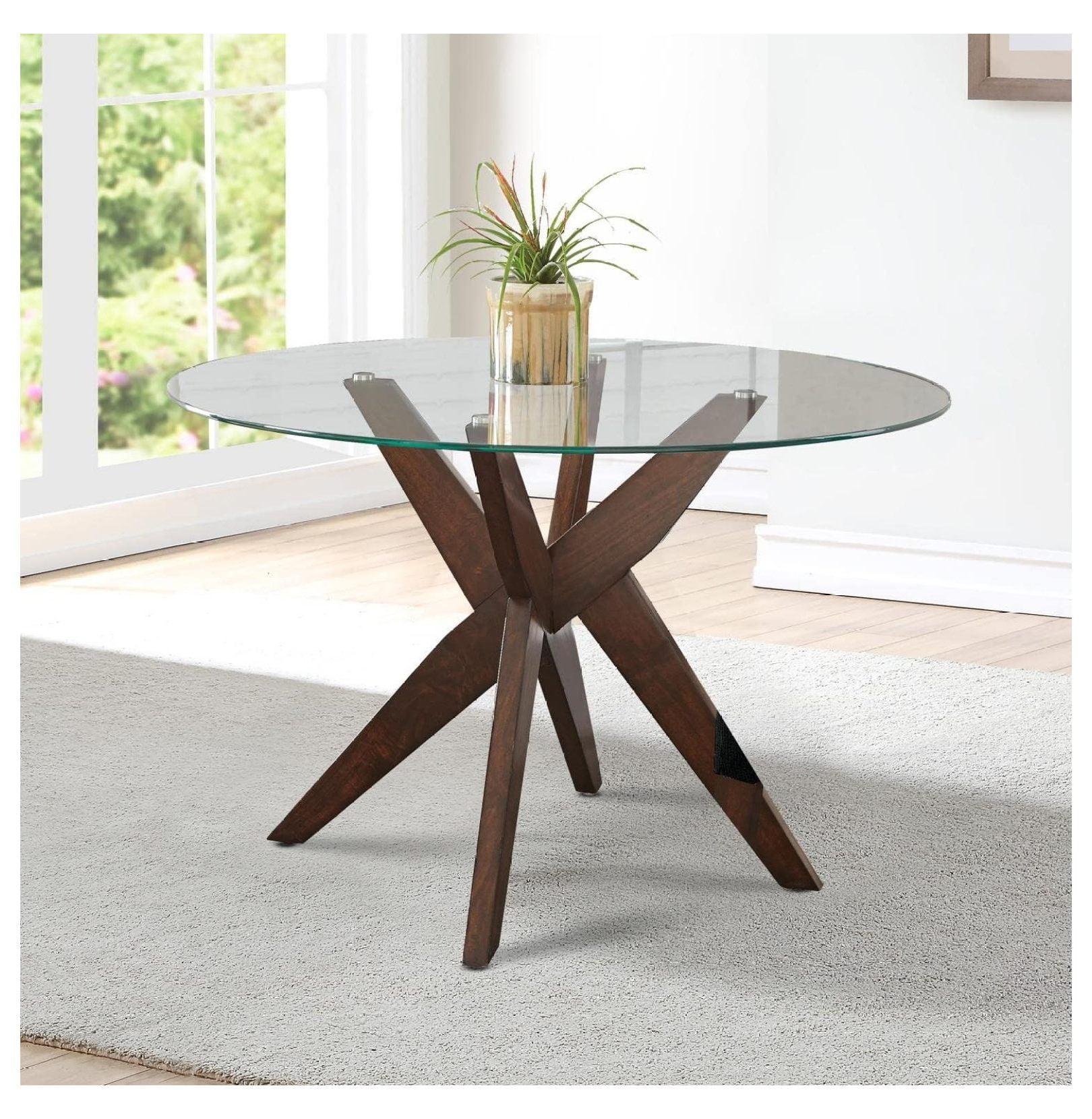 48" Round Clear Glass Top Walnut Base Dining Table for Six