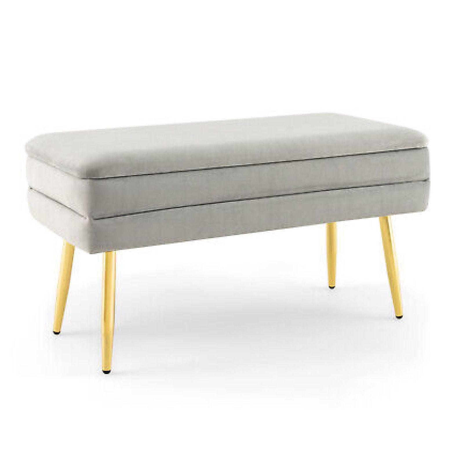 Tangkula Velvet Upholstered Storage Bench Bedroom Ottoman Bench w/ Removable Top Grey