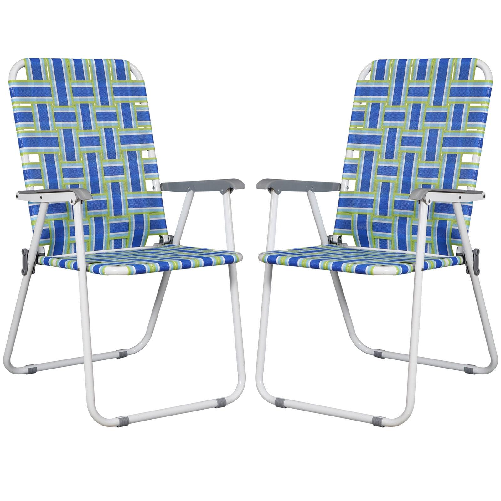 Set of 2 Blue Webbed Folding Camping Chairs with Arms