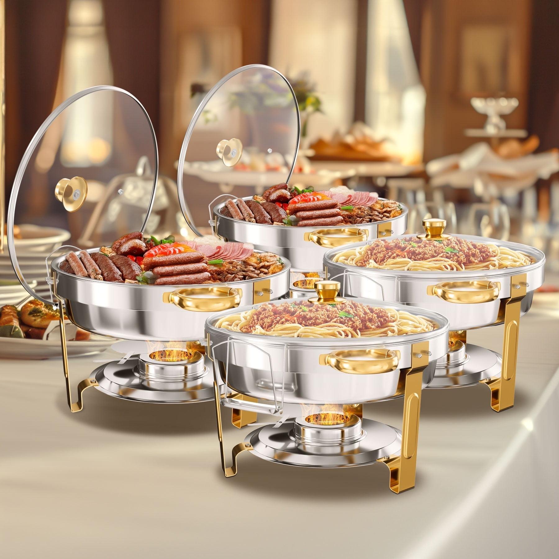 WARMOUNTS Chafing Dish Buffet Set, 5QT 4 Pack Gold Accent Stainless Steel Chafers and Buffet Warmers Sets with Glass Lid & Lid Holder for Parties Catering Events Weddings Banquets