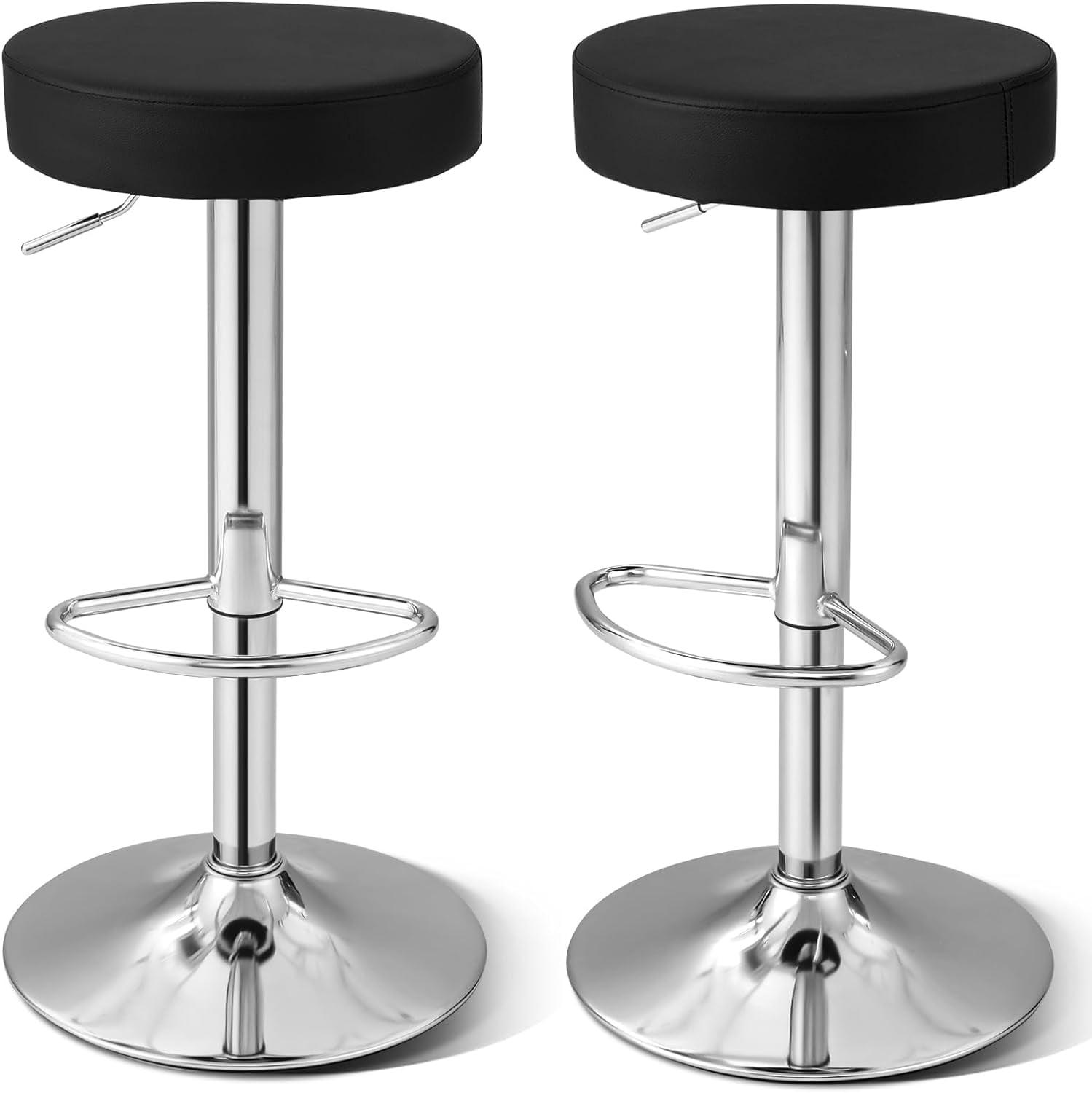 WATERJOY Adjustable Round Bar stools Set of 2, PU Seat Swivel Bar Stool with footrest