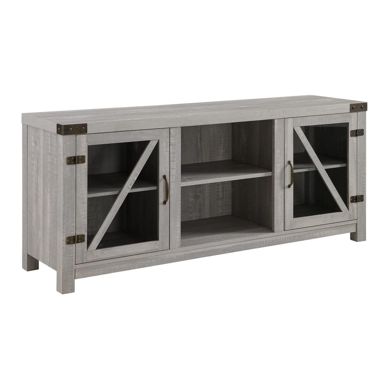 Stone Grey 58" Rustic Farmhouse TV Stand with Glass Doors