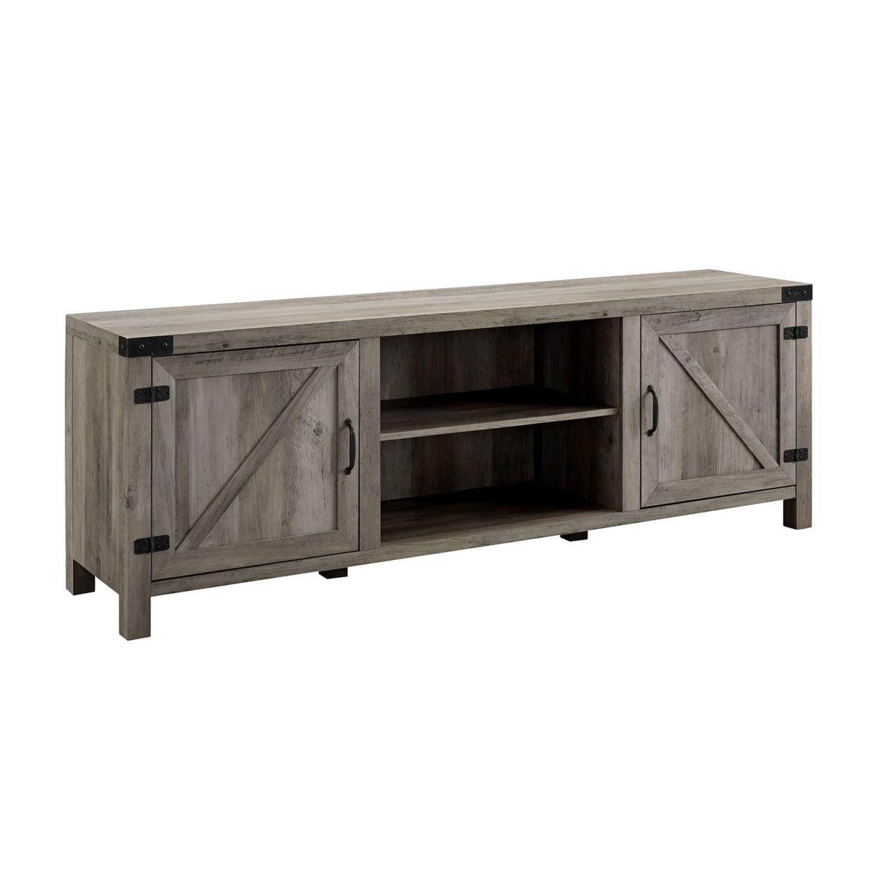 Gray Wash 70" Farmhouse Barn Door TV Stand with Shelves