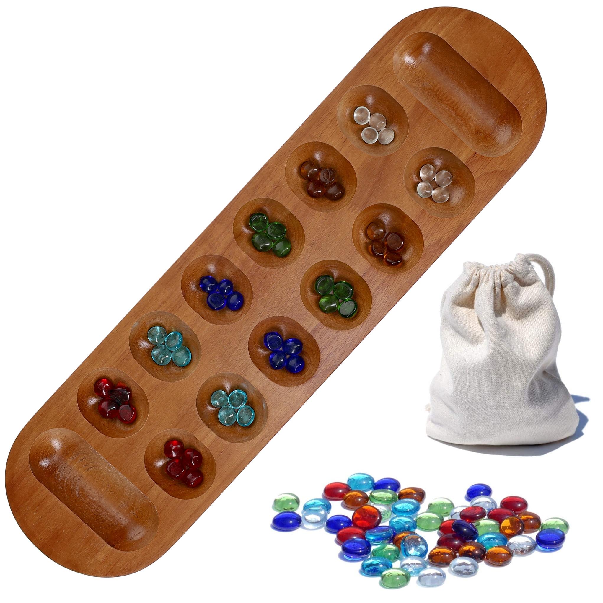 Solid Wood Mancala Board Game with Walnut Stain and Glass Pieces