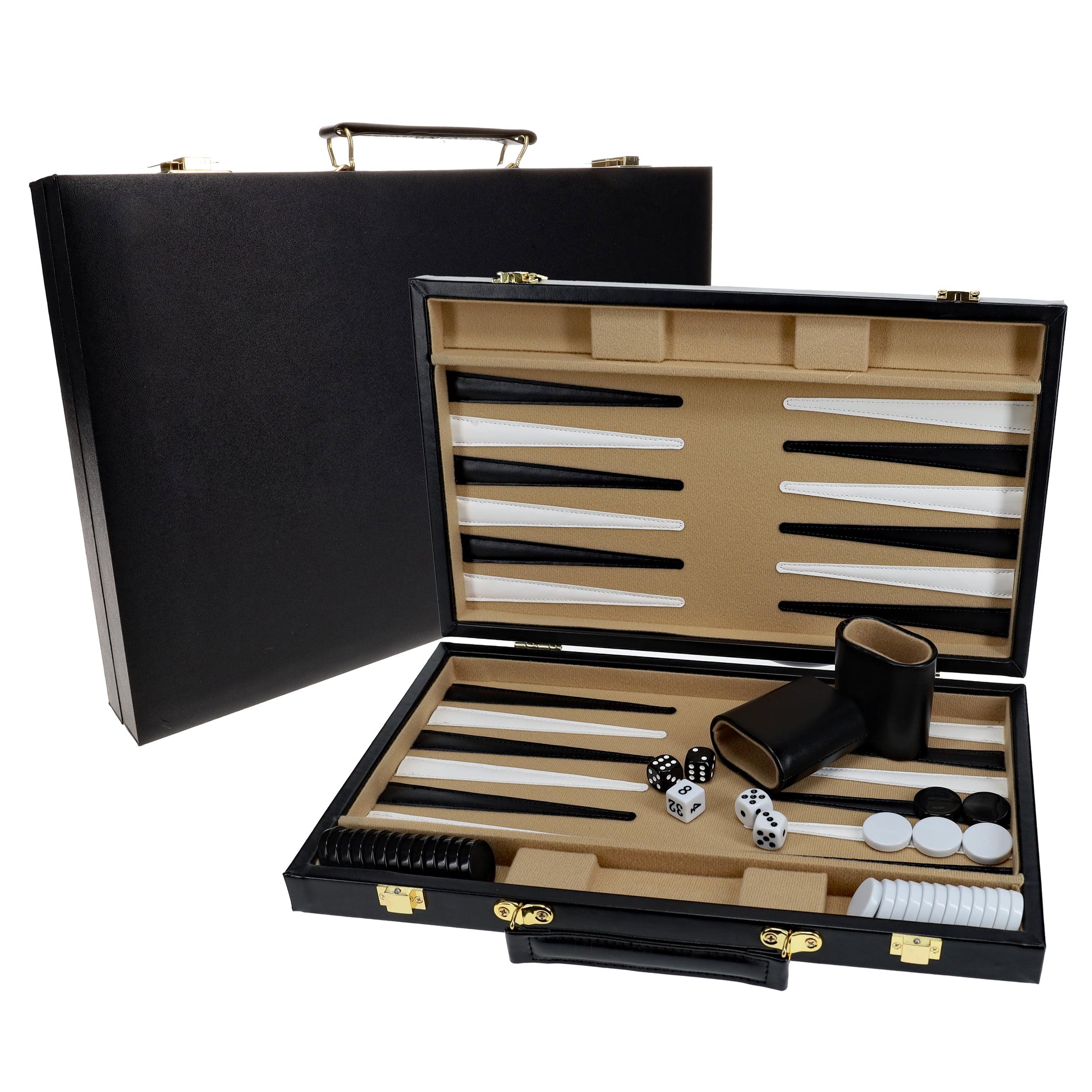 WE Games Black Leatherette Backgammon Set, 14.75 x 9.75 in. closed