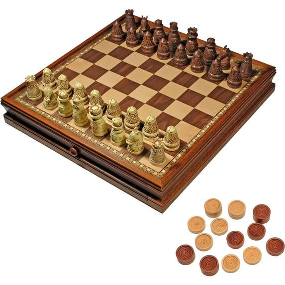 WE Games Medieval Chess & Checkers Game Set - Wood Board with Storage Drawers 15 in.