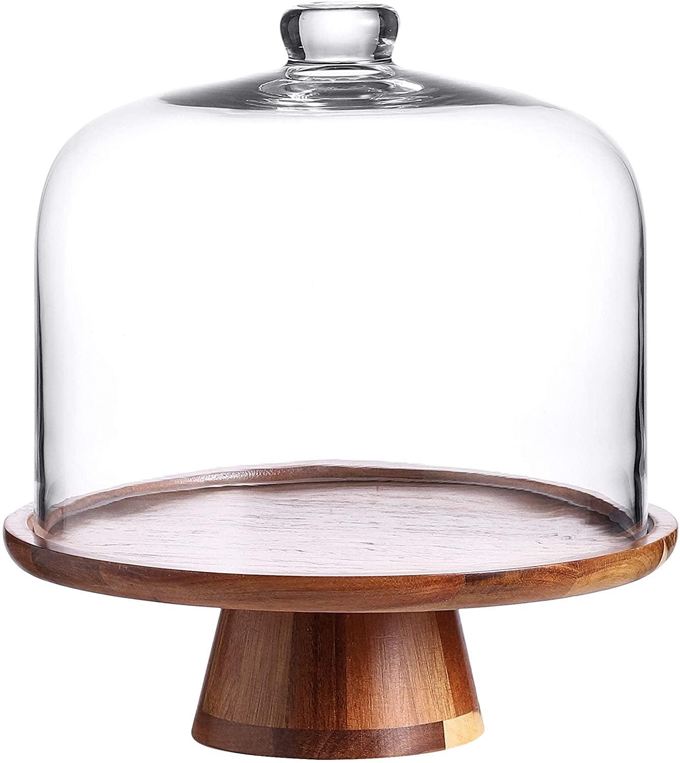 Whole Housewares 11" x 11" Acacia Wood Flat Round Server Cake Stand with Dome - Clear