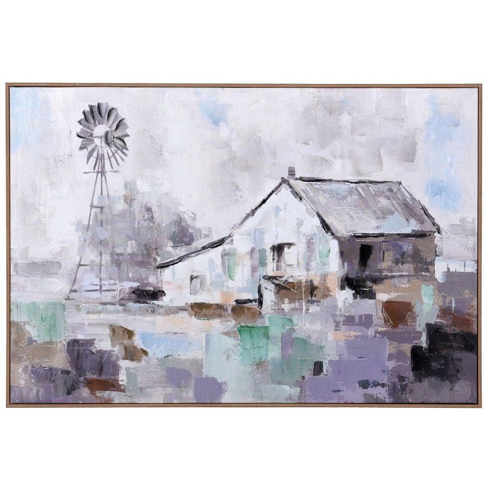 Purple and White Farmhouse Abstract Canvas Print with Brown Frame