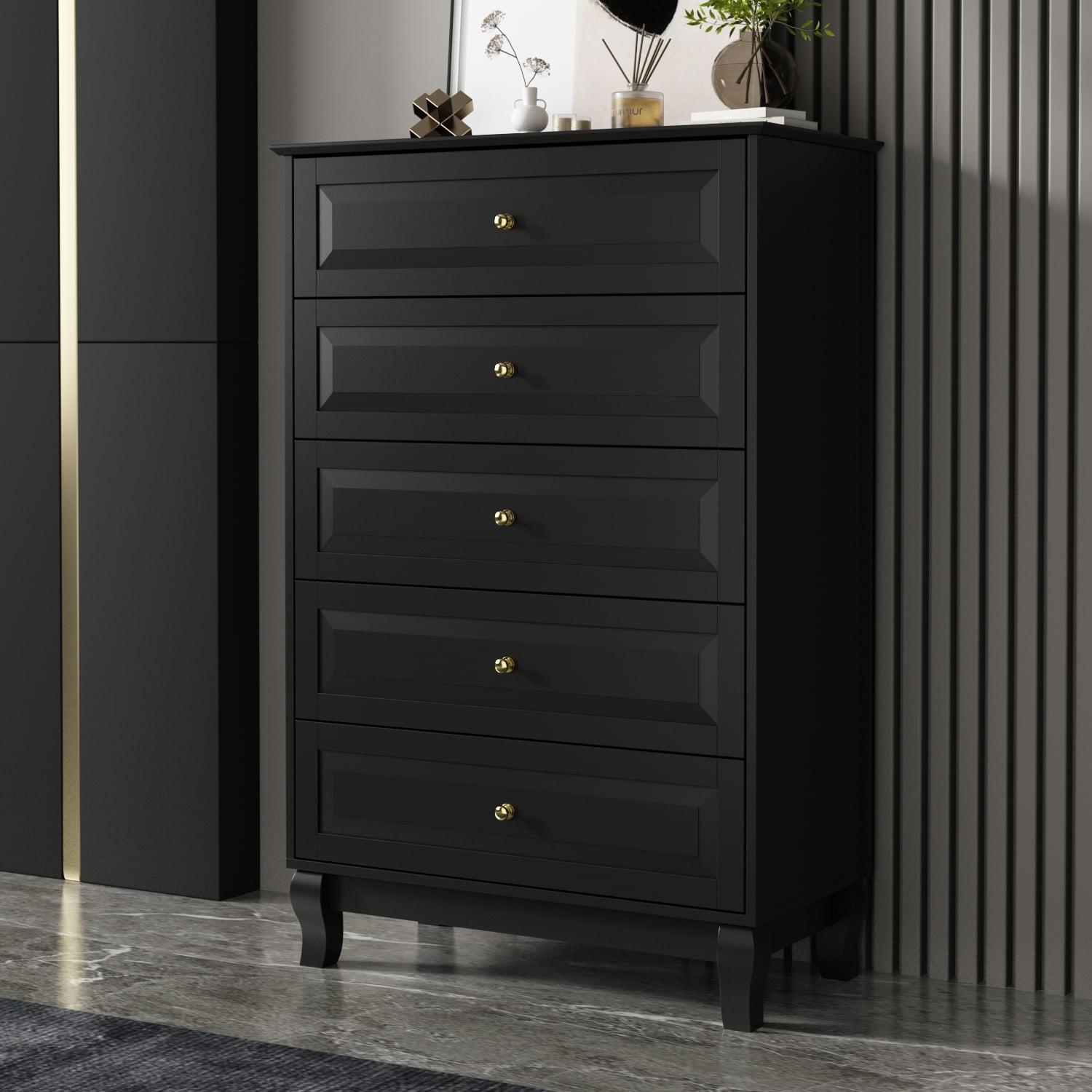 FUFU&GAGA Black Side Tatble 5 Drawer Dresser Drawer Chest Tall Storage Cabinet Black