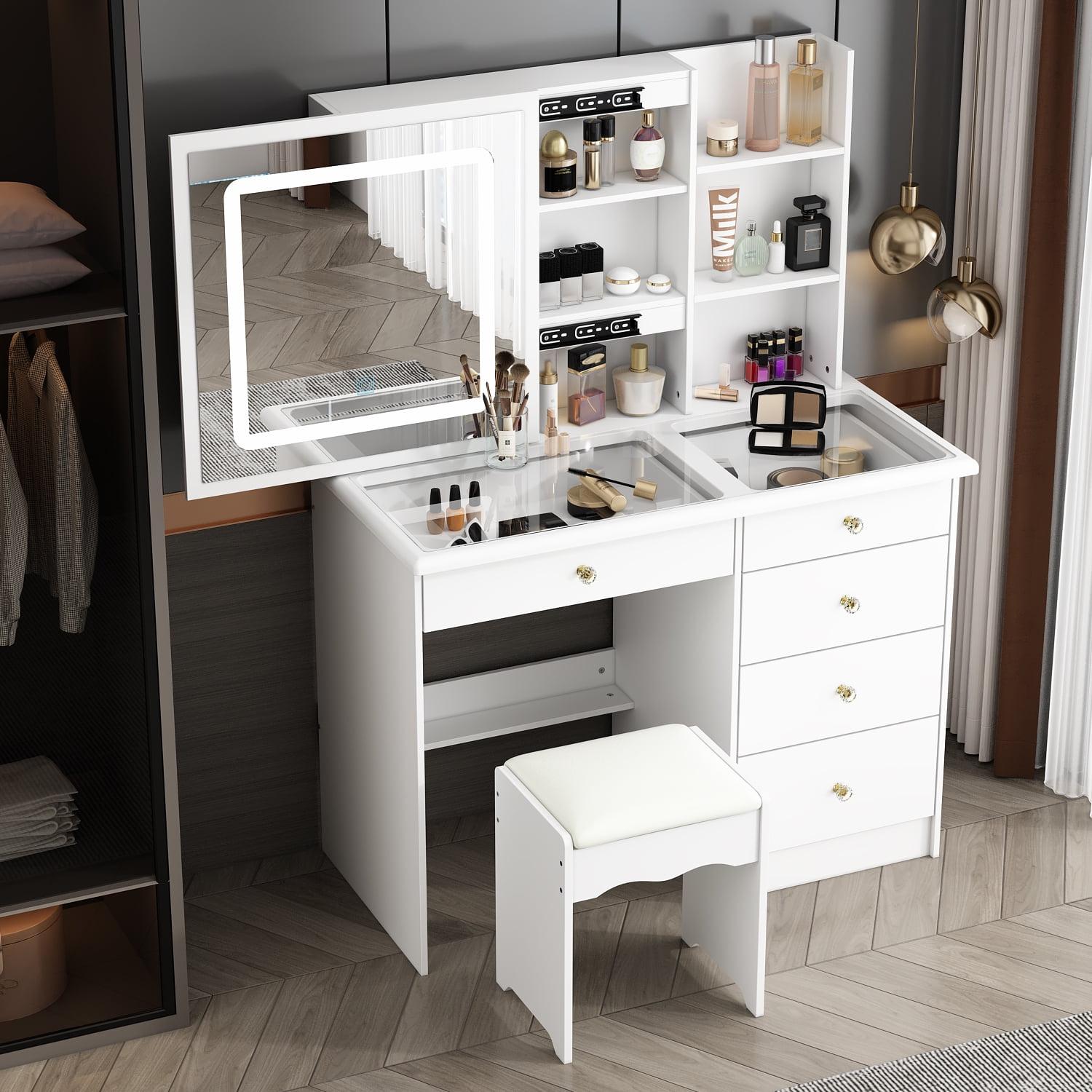 FUFU&GAGA White Makeup Vanity Table With Mirror Storage Drawer Dresser Table