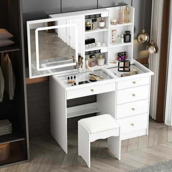 FUFU&GAGA White Makeup Vanity Table With Mirror Storage Drawer Dresser Table