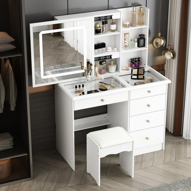 FUFU&GAGA White Makeup Vanity Table With Mirror Storage Drawer Dresser Table