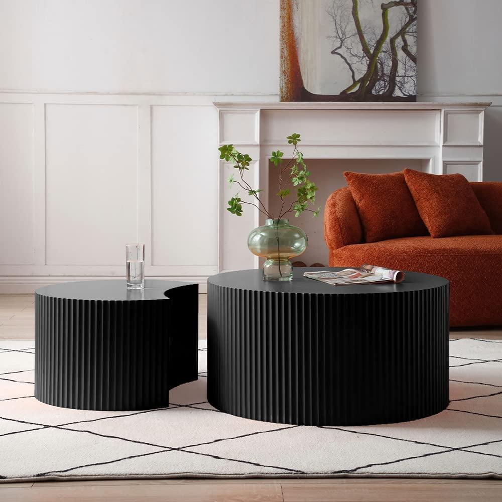 WILLIAMSPACE Nesting Coffee Table Set of 2, Matte Black Round Wooden Coffee Tables, Modern Luxury Side Tables Accent End Table for Living Room Apartment