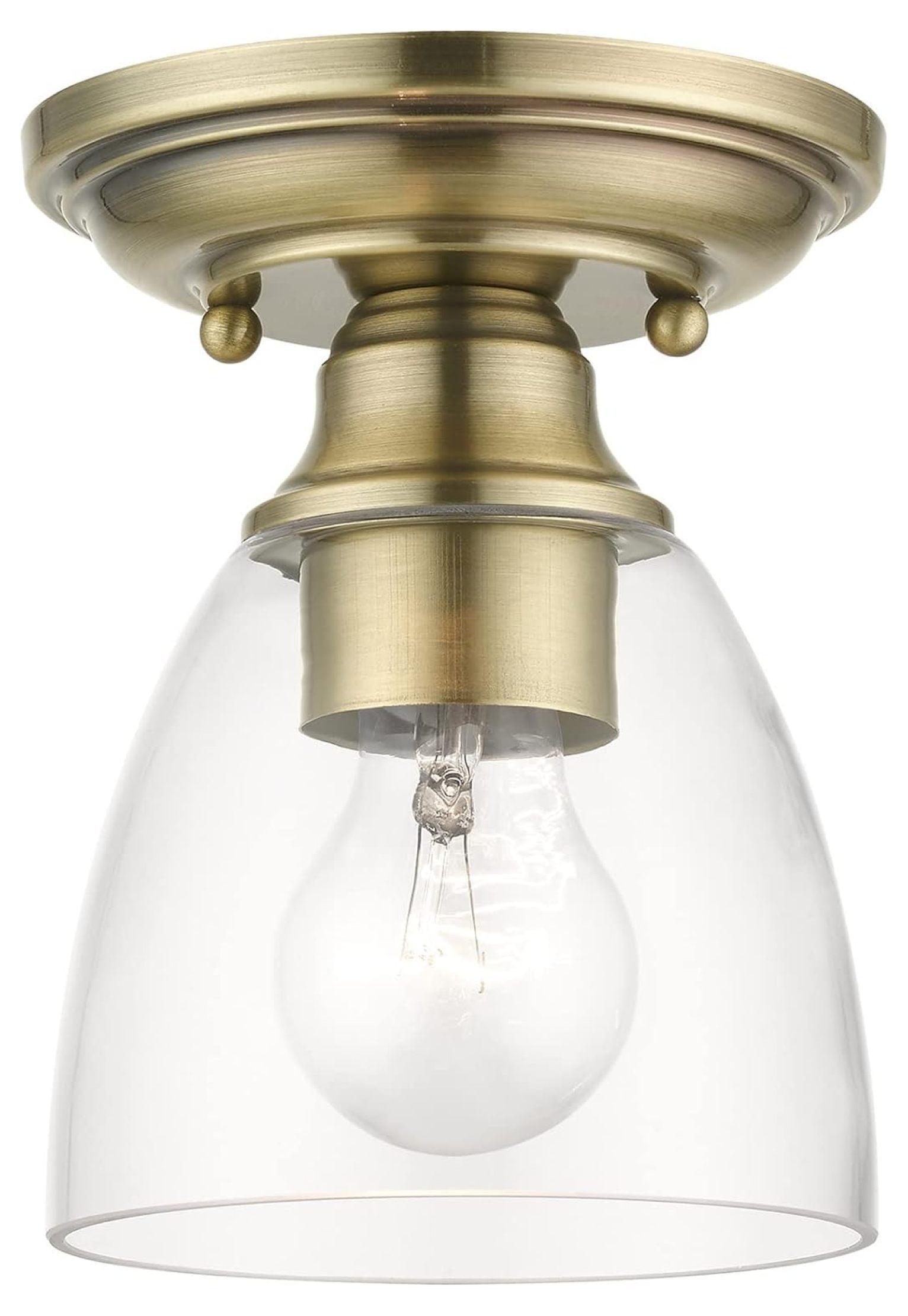 Antique Brass Elegance 1-Light Flush Mount with Hand-Blown Clear Glass