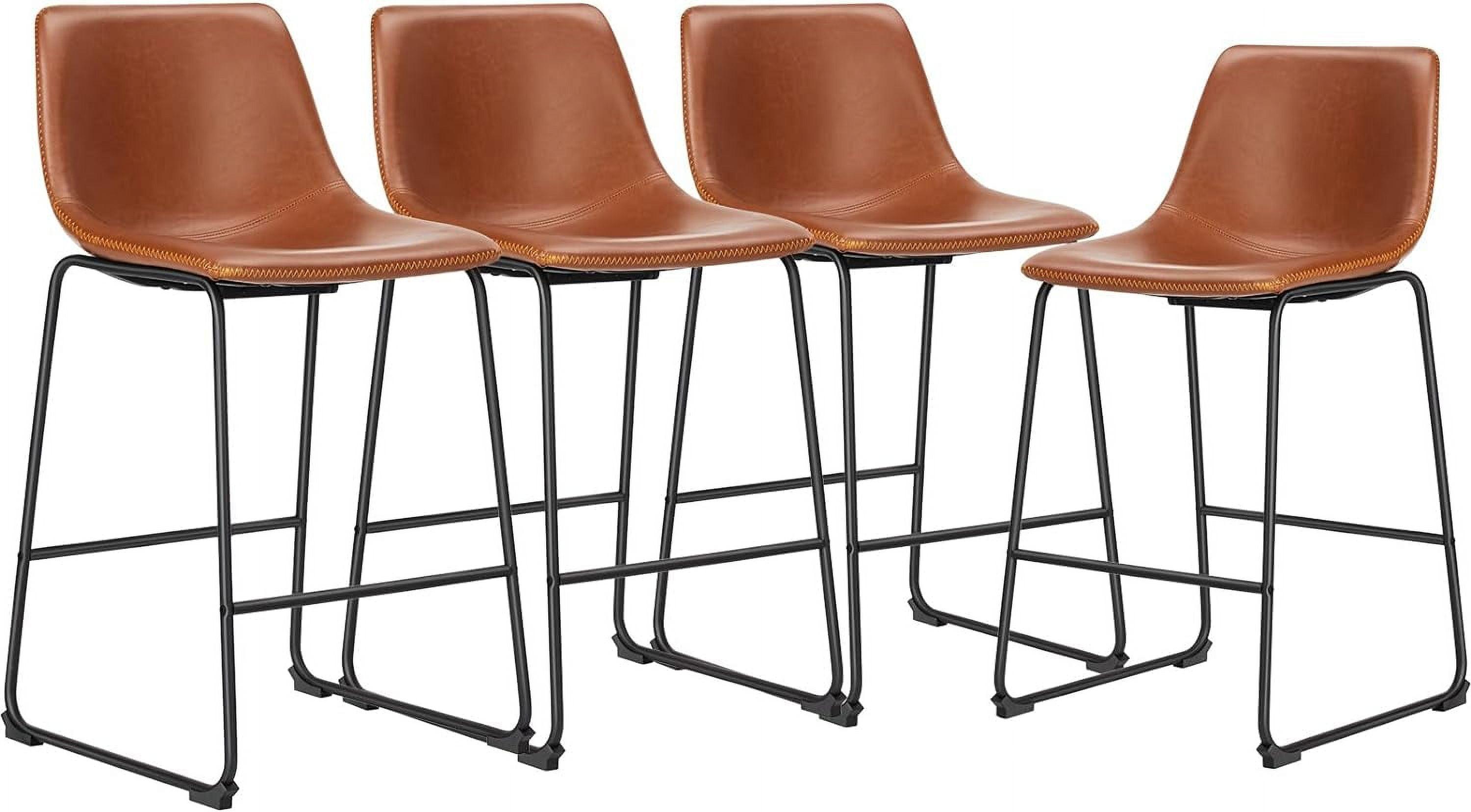 WM 26 inch Counter Height Bar Stools Set of 4, Modern Faux Leather High Barstools with Back and Metal Leg, Bar Chairs for Indoor & Outdoor, Brown