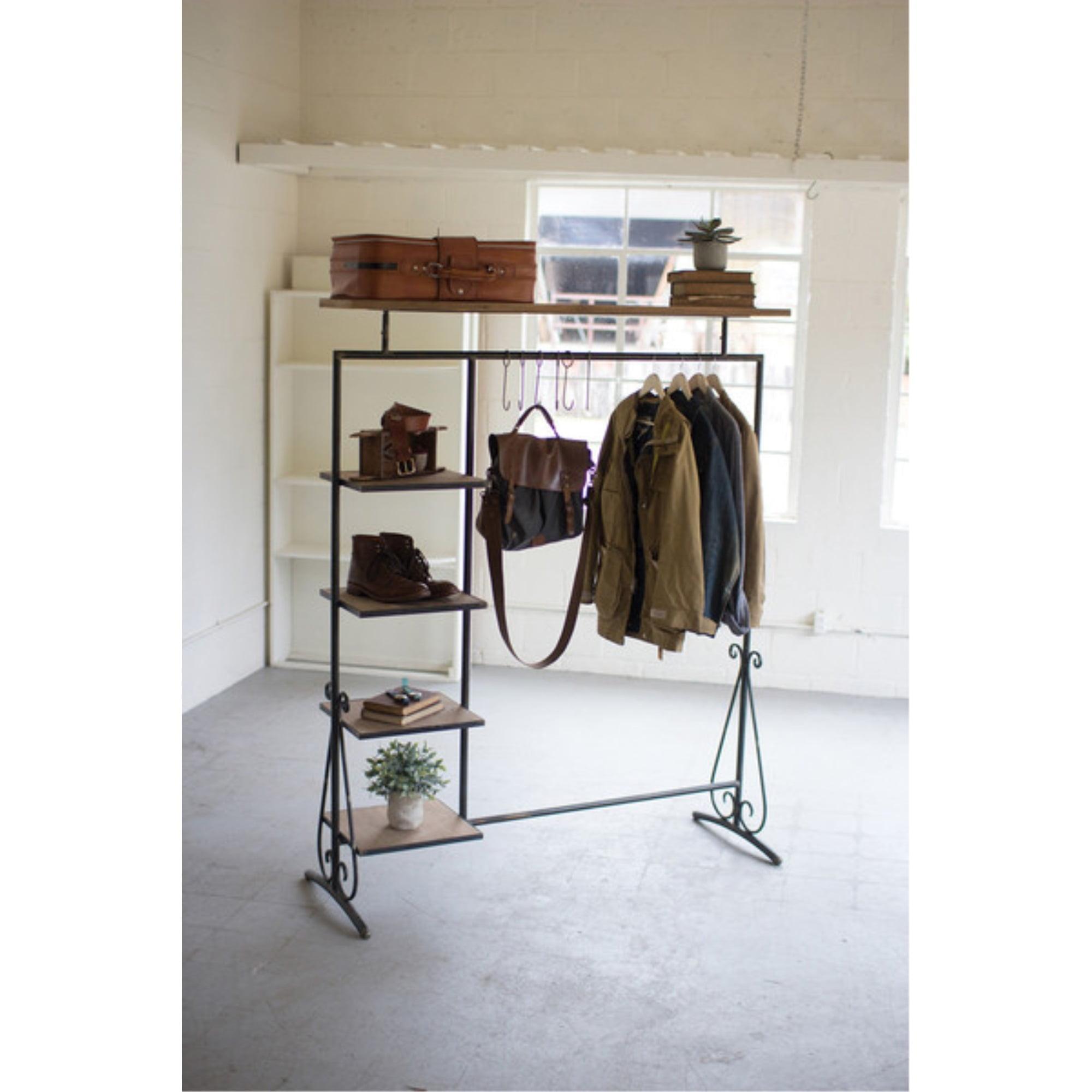 Refined Industrial Metal & Wood Storage Stand with Hooks