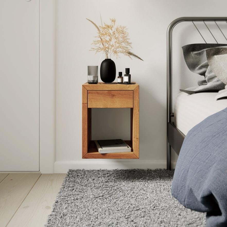 Solid Oak Floating Nightstand with Drawer and Shelf