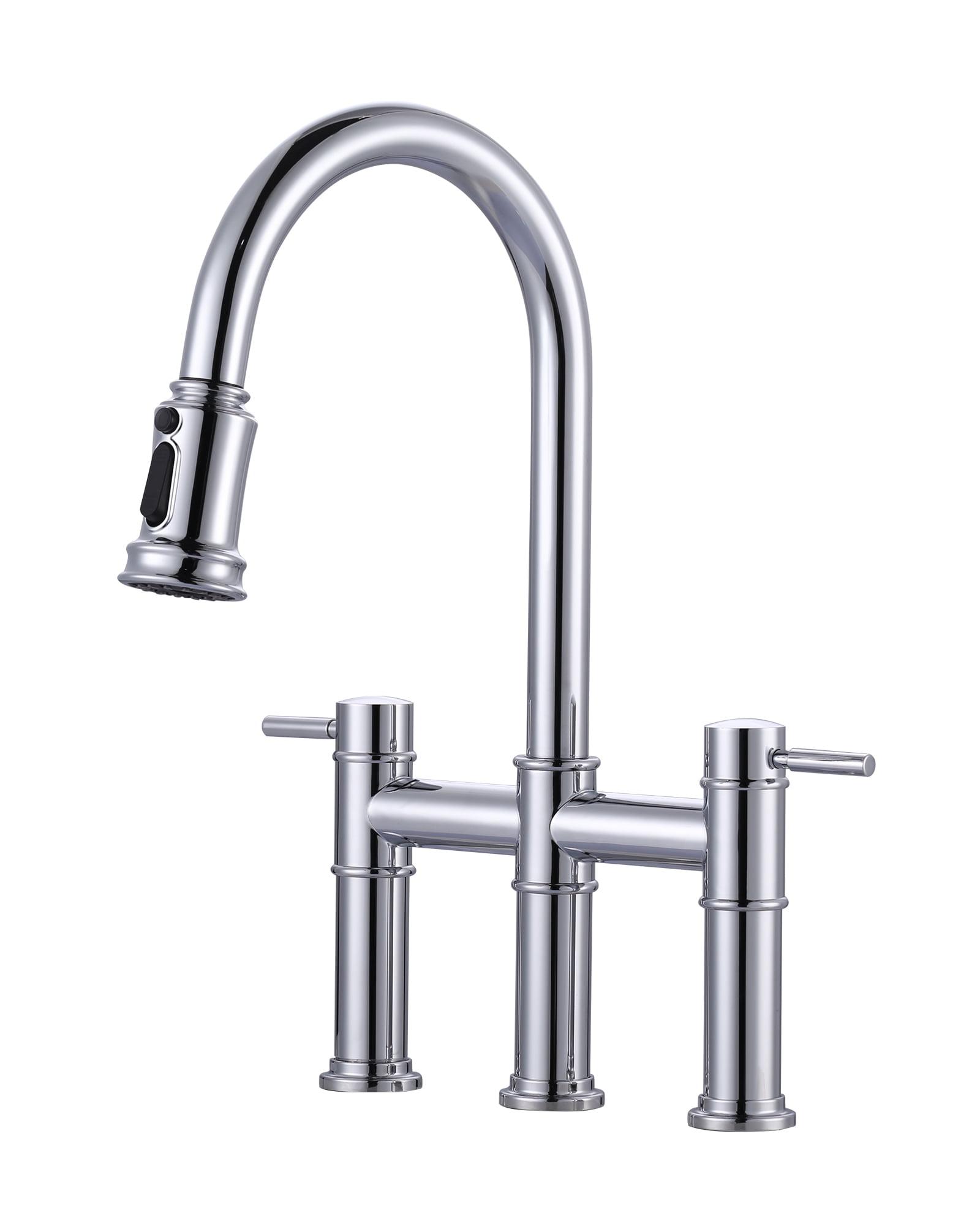 Polished Chrome Double Handle Bridge Kitchen Faucet with Pull Down Sprayer