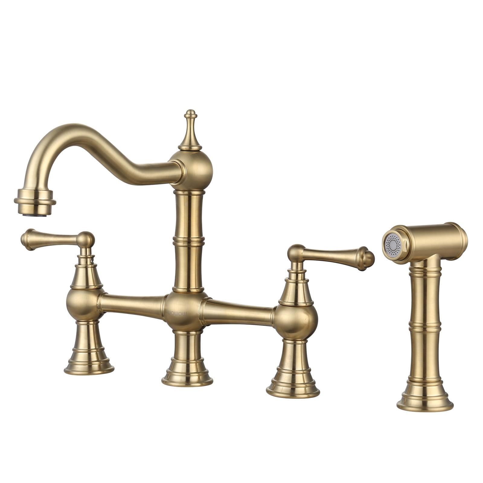 Brushed Gold Brass Bridge Faucet with Side Sprayer