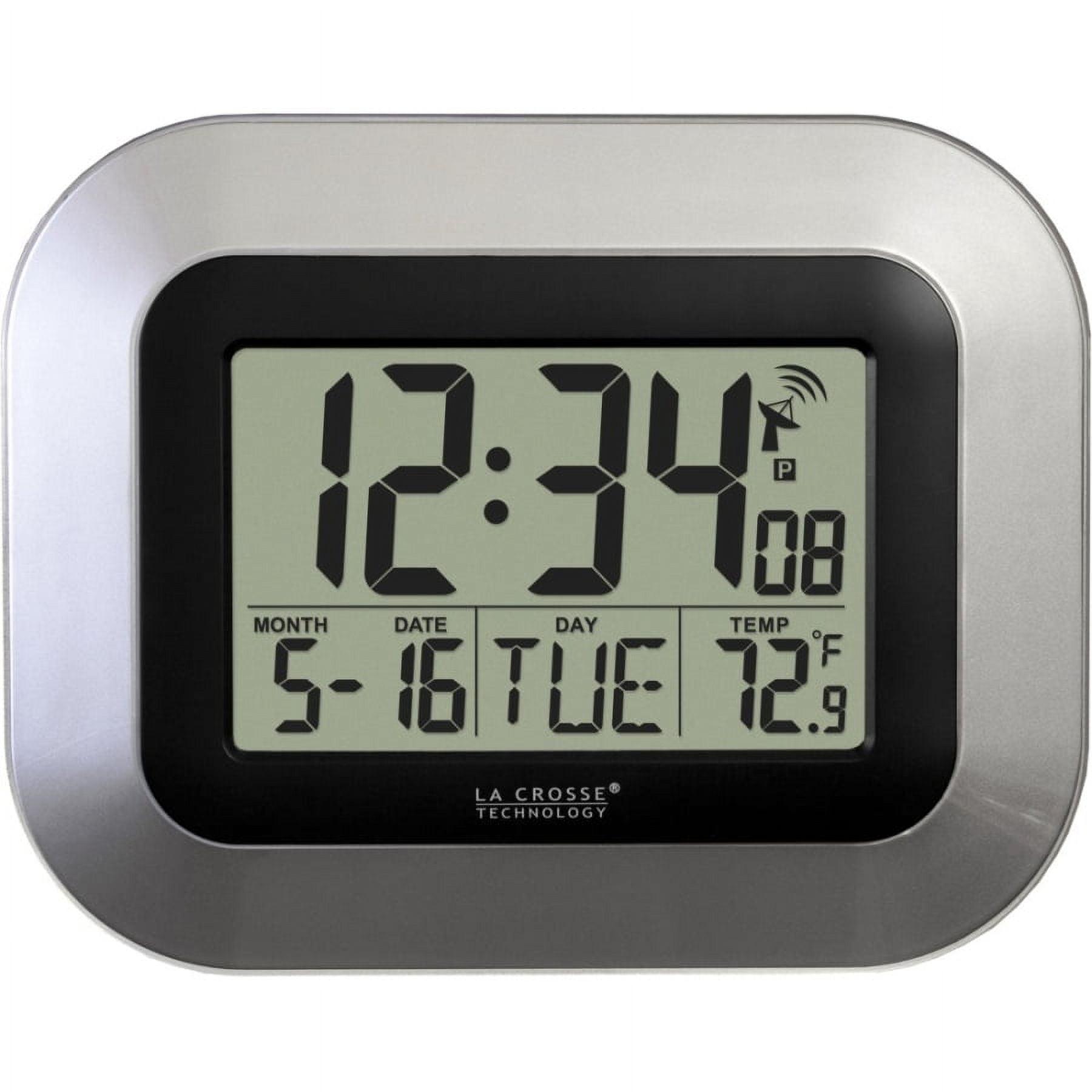 Silver Digital Atomic Wall Clock with Indoor Temperature Display