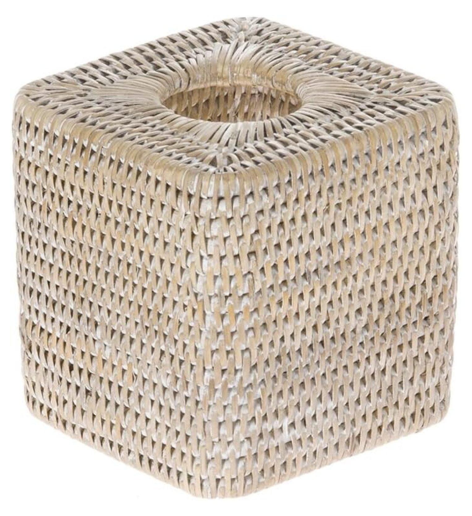 White Wash Handwoven Rattan Square Tissue Box Cover