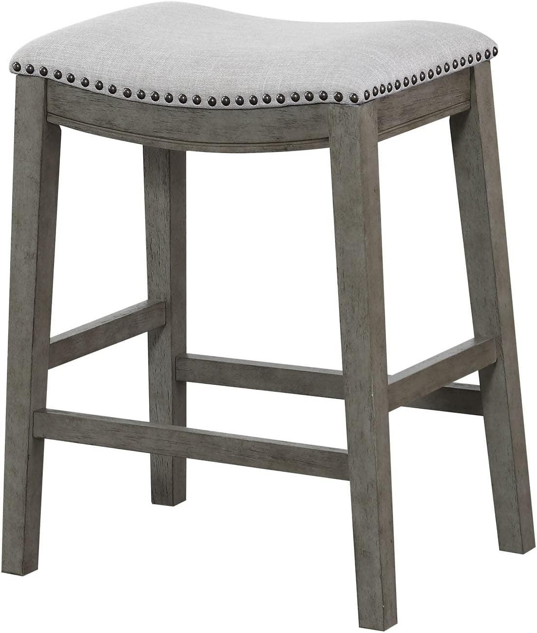 Antique Gray Wood Saddle Counter Stool with Nailhead Trim