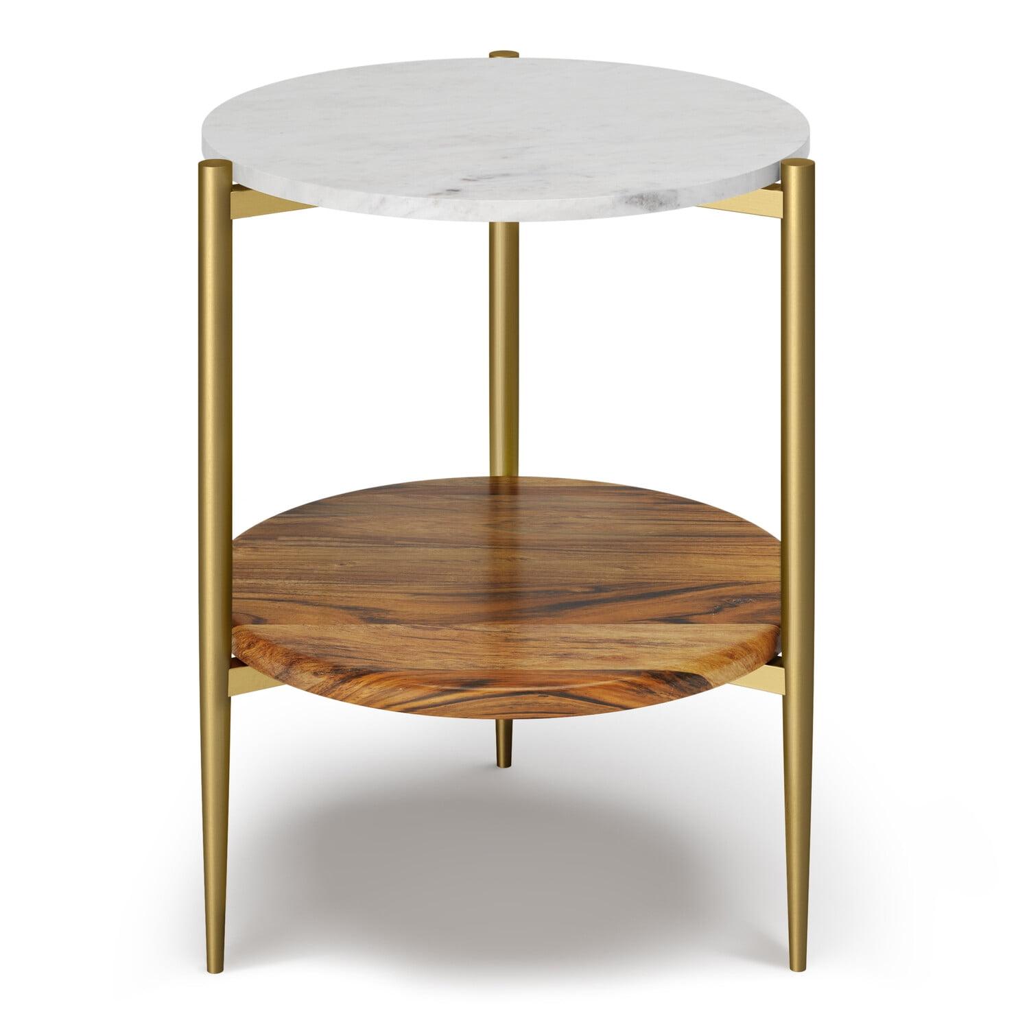 Wagner 18" Round White Marble and Acacia Wood Side Table