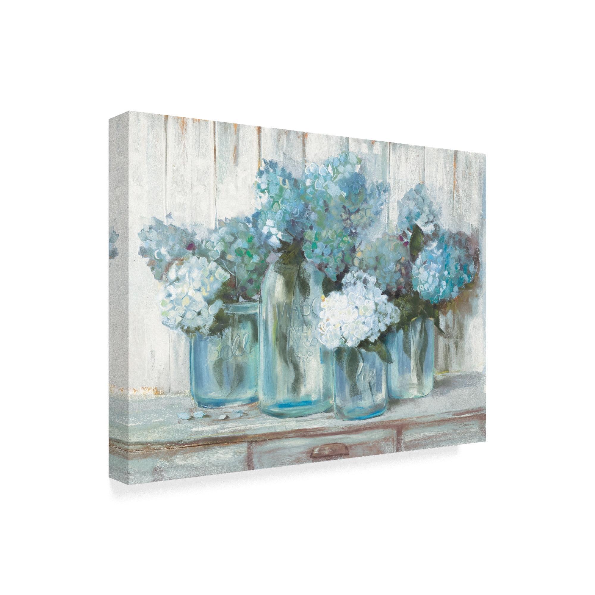 Trademark Fine Art -Carol Rowan 'Hydrangeas In Glass Jars Blue' Canvas Art - 35''x47''