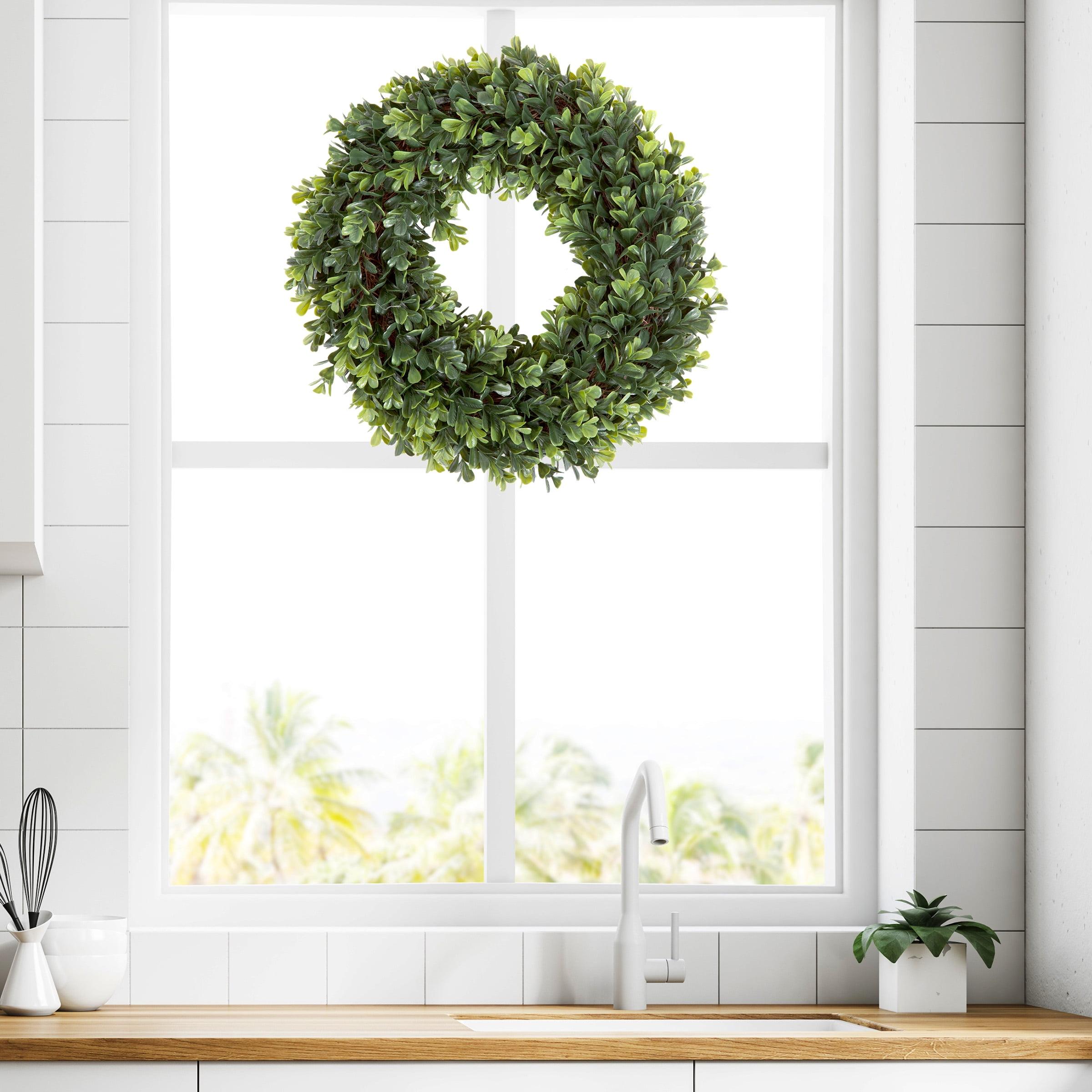 Artificial Boxwood Wreath - 12 Inch UV-Resistant Plastic Front Door Wreath and Window Decor for Spring and Summer by Pure Garden (Green)