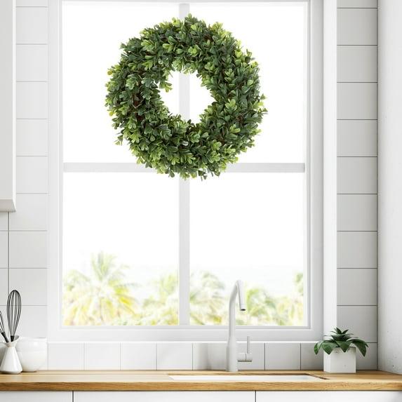 Artificial Boxwood Wreath - 12 Inch UV-Resistant Plastic Front Door Wreath and Window Decor for Spring and Summer by Pure Garden (Green)