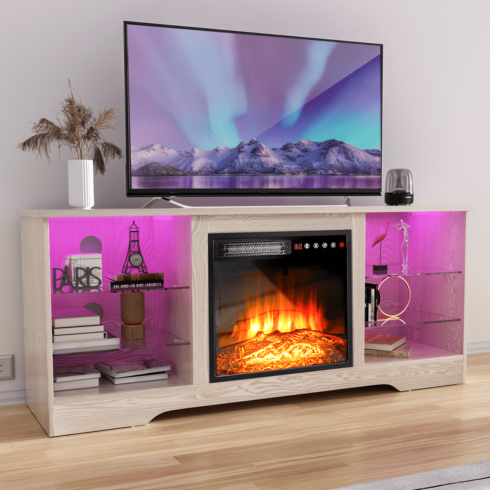 Beige 58'' TV Stand with 18'' Electric Fireplace and Glass Shelves