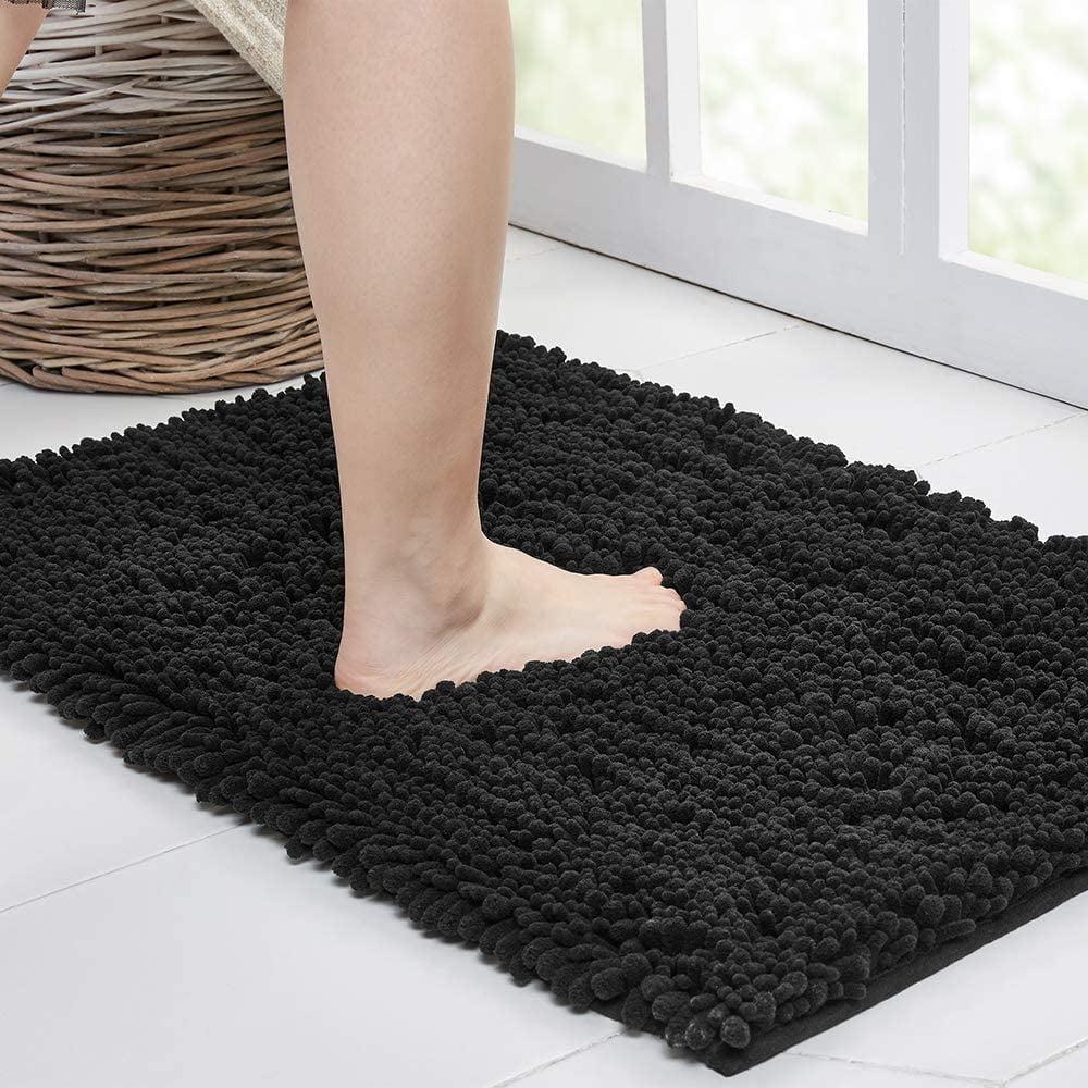 Upgrade Luxury Black Bathroom Rug Mat 20"x32", Ultra Soft Thick Absorbent Bath Mats, Non Slip Chenille Toilet Mat for Bathroom, Bedroom, Kitchen, Shower, Tub