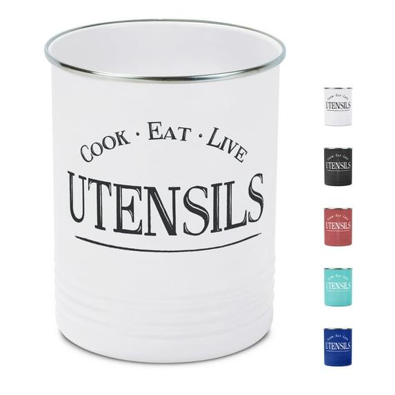 Walford Home Farmhouse Kitchen Utensil Holder Crock, White Steel and Premium Padded Base