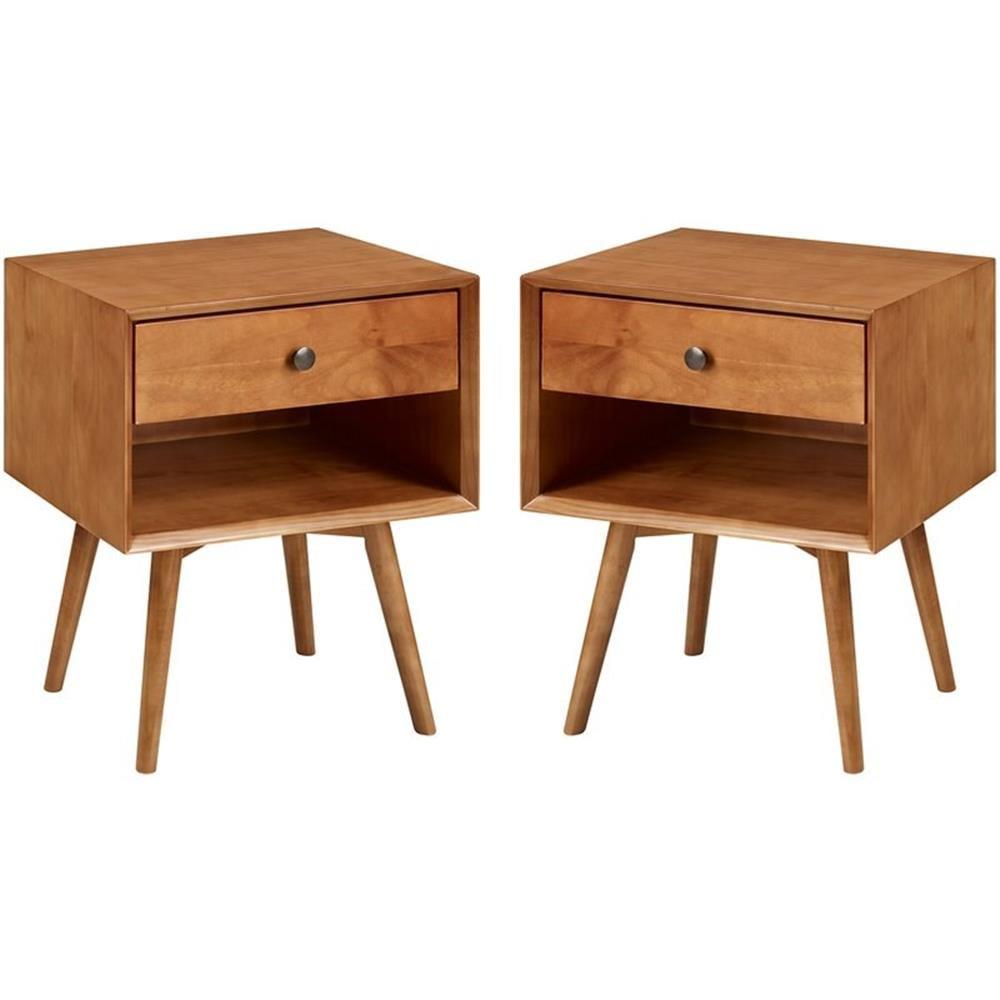 Caramel Pine Wood 1-Drawer Mid-Century Modern Nightstand