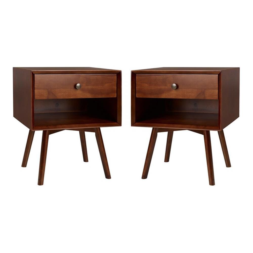 Walker Edison 2-Piece Mid-Century Solid Pine Wood Bedroom Nightstand in Walnut