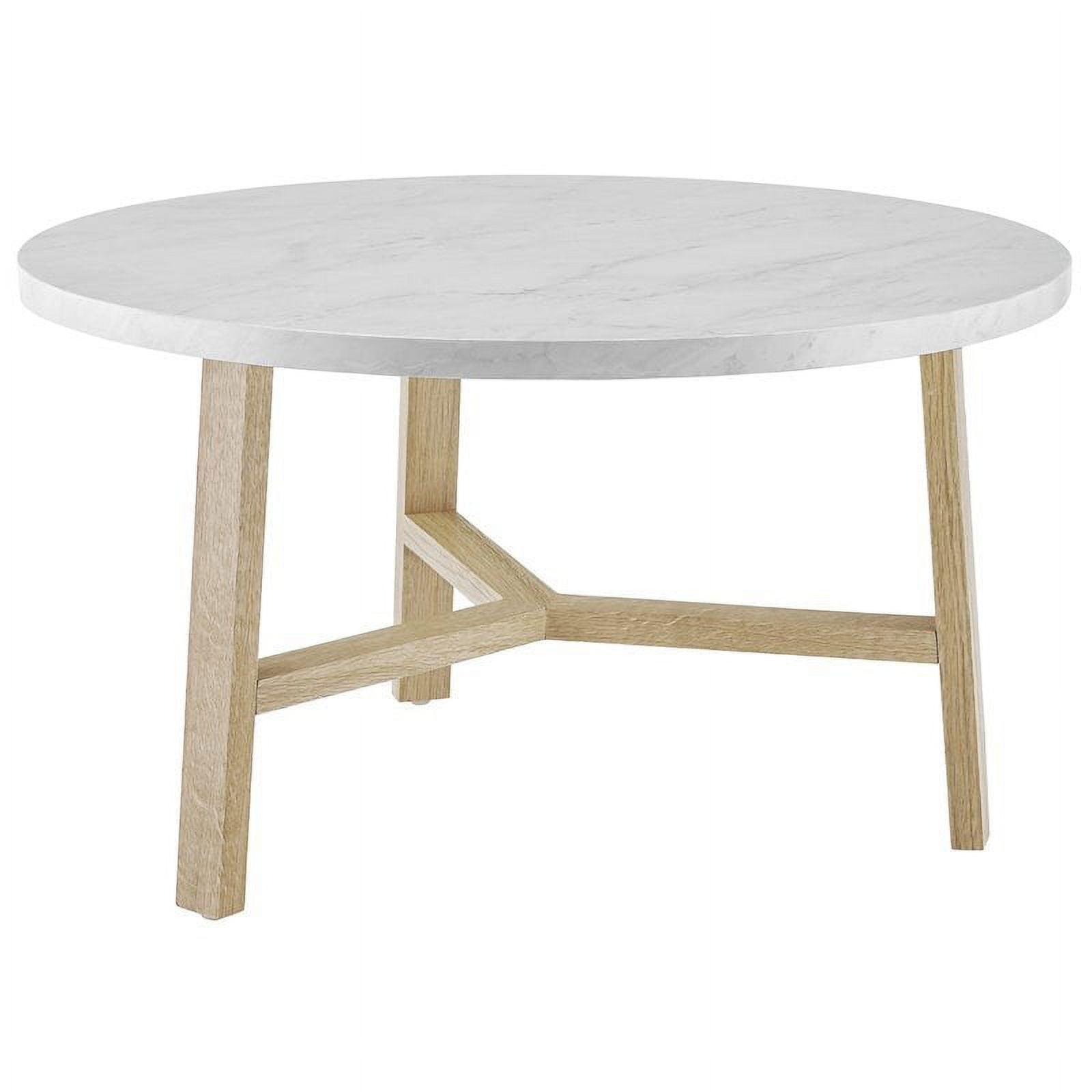 30" Round White Marble and Light Oak Coffee Table